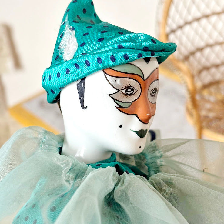 Vintage German Porcelain Harlequin Doll 16.5" Clown Figure Fabric Body Collectible Pierrot Style Decorative Doll
