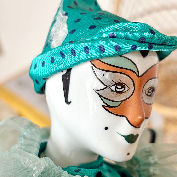 Vintage German Porcelain Harlequin Doll 16.5" Clown Figure Fabric Body Collectible Pierrot Style Decorative Doll