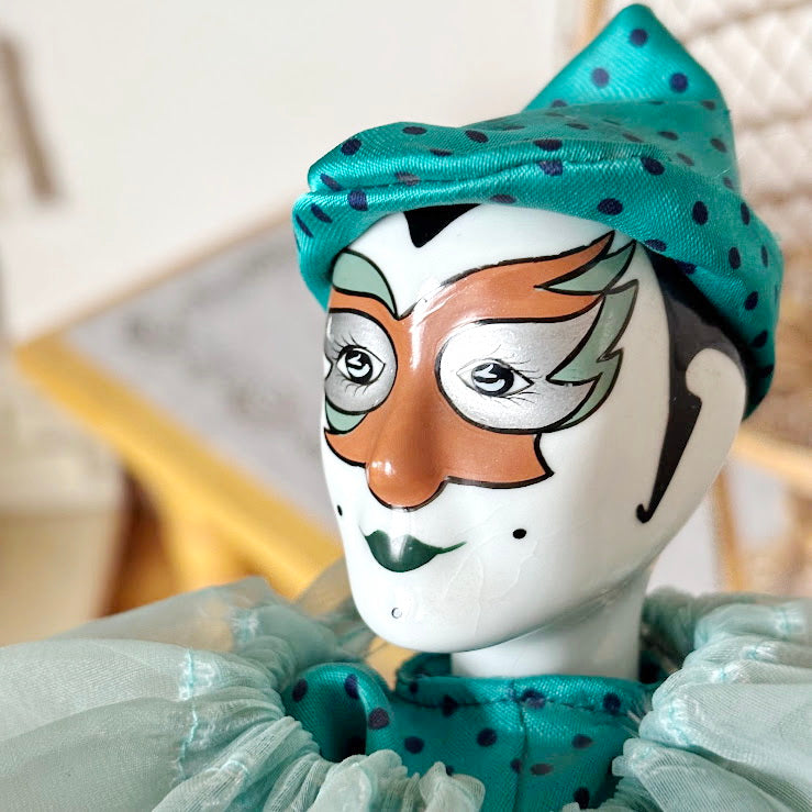 Vintage German Porcelain Harlequin Doll 16.5" Clown Figure Fabric Body Collectible Pierrot Style Decorative Doll