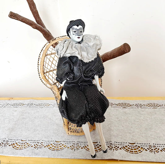 Vintage German Harlequin Porcelain Doll 16.5” Black Costume Pierrot Clown Collectible Decorative Figure Soft Body