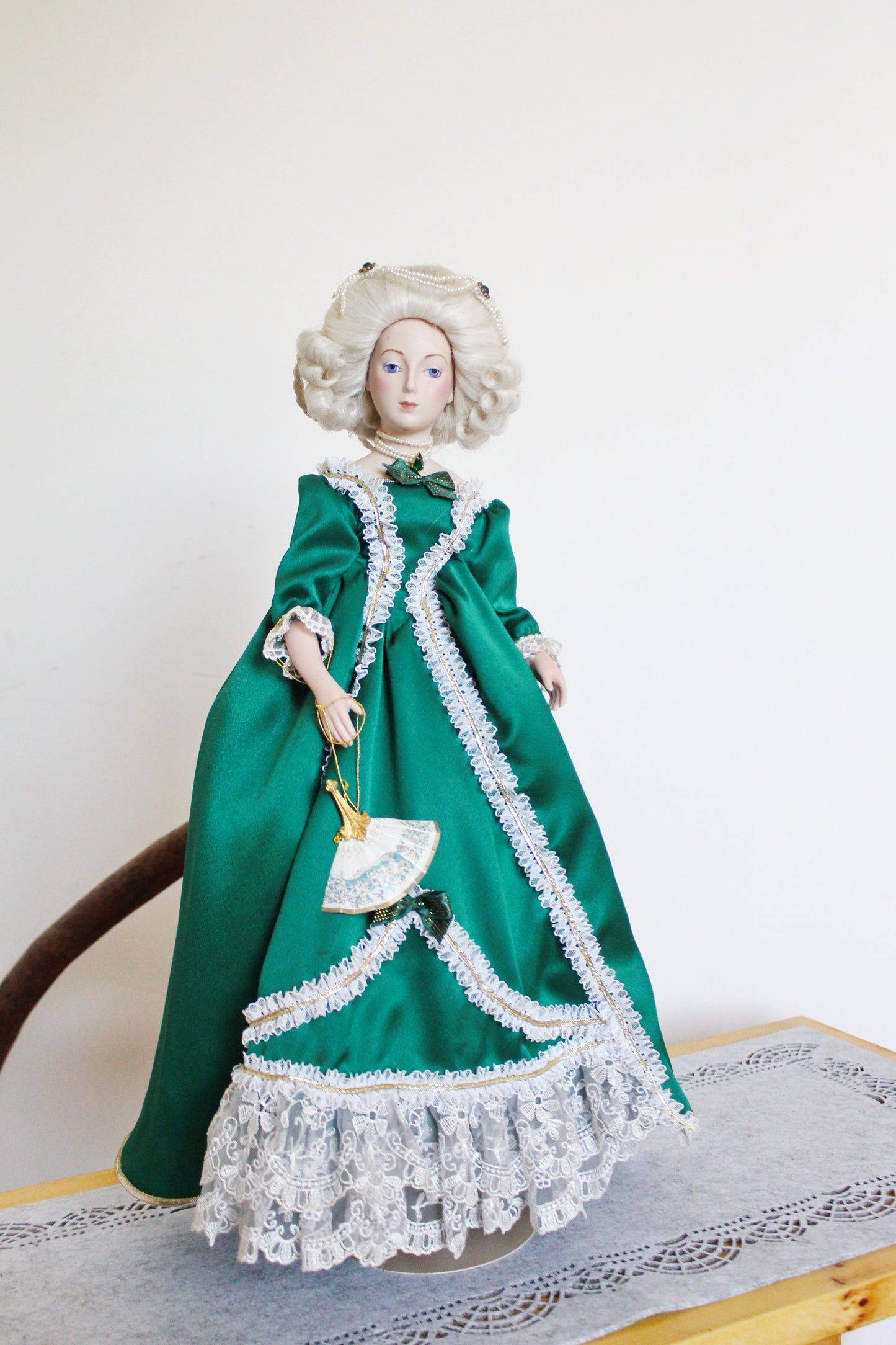 Beautiful Vintage porcelain Germany doll on a stand - Court Lady - 18 inches - Collectible doll - 1970-1980s