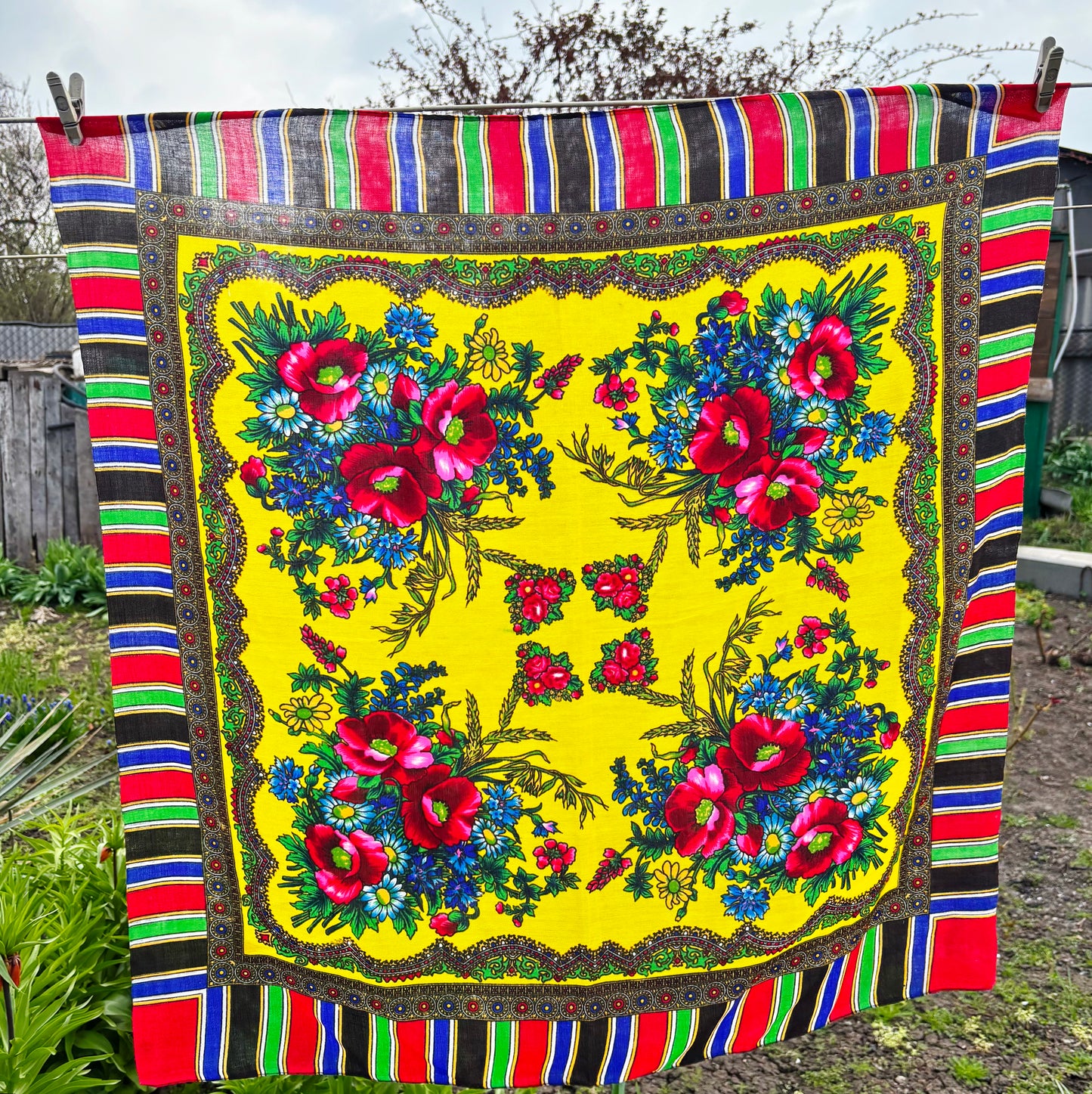 Vintage Floral Wool Blend Scarf Bright Yellow Babushka Shawl 29x29 in Retro Headscarf Boho Folk Square Wrap - 1980s