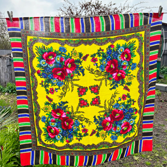 Vintage Floral Wool Blend Scarf Bright Yellow Babushka Shawl 29x29 in Retro Headscarf Boho Folk Square Wrap - 1980s