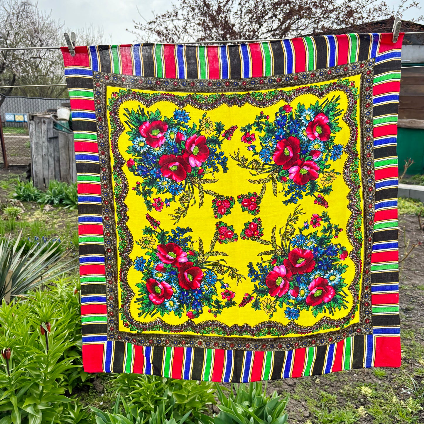 Vintage Floral Wool Blend Scarf Bright Yellow Babushka Shawl 29x29 in Retro Headscarf Boho Folk Square Wrap - 1980s