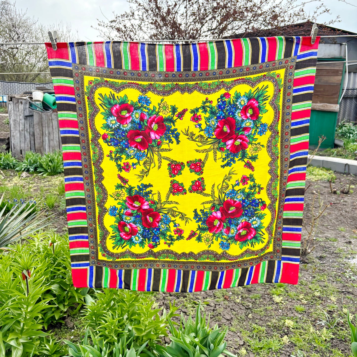 Vintage Floral Wool Blend Scarf Bright Yellow Babushka Shawl 29x29 in Retro Headscarf Boho Folk Square Wrap - 1980s