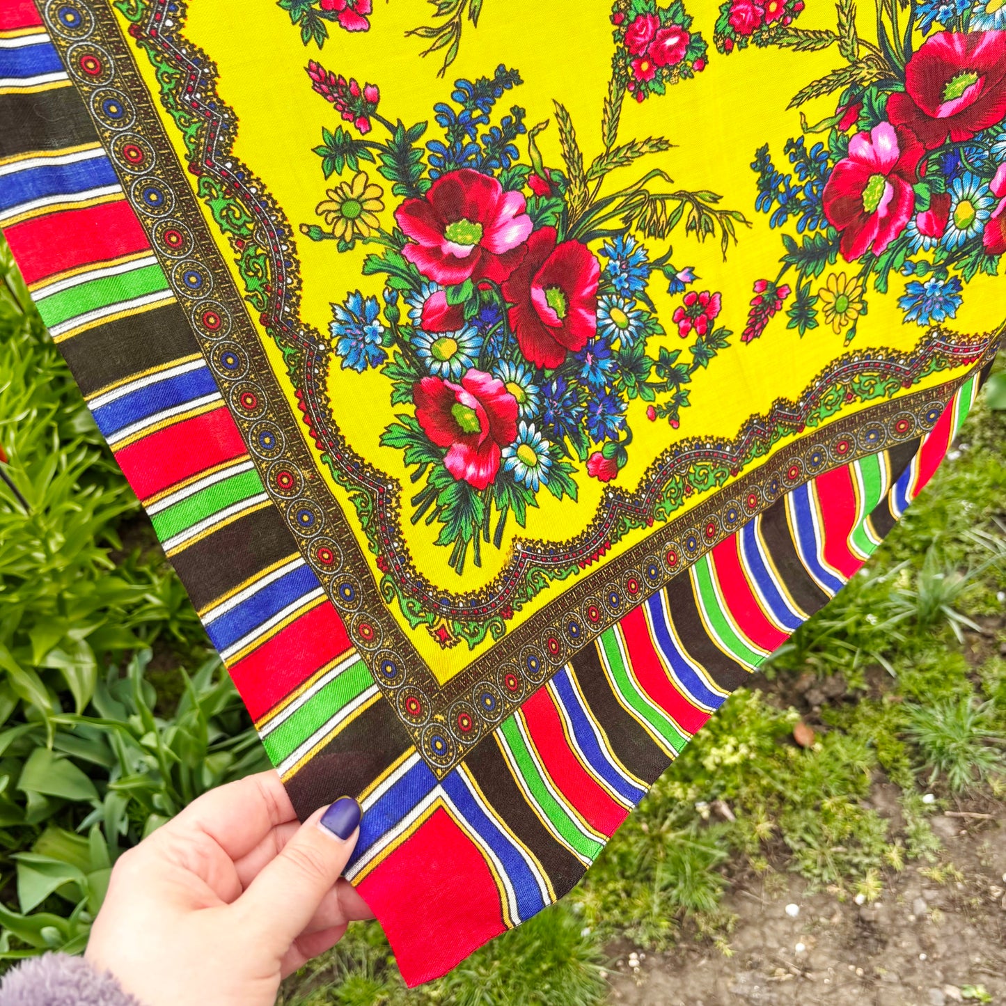 Vintage Floral Wool Blend Scarf Bright Yellow Babushka Shawl 29x29 in Retro Headscarf Boho Folk Square Wrap - 1980s