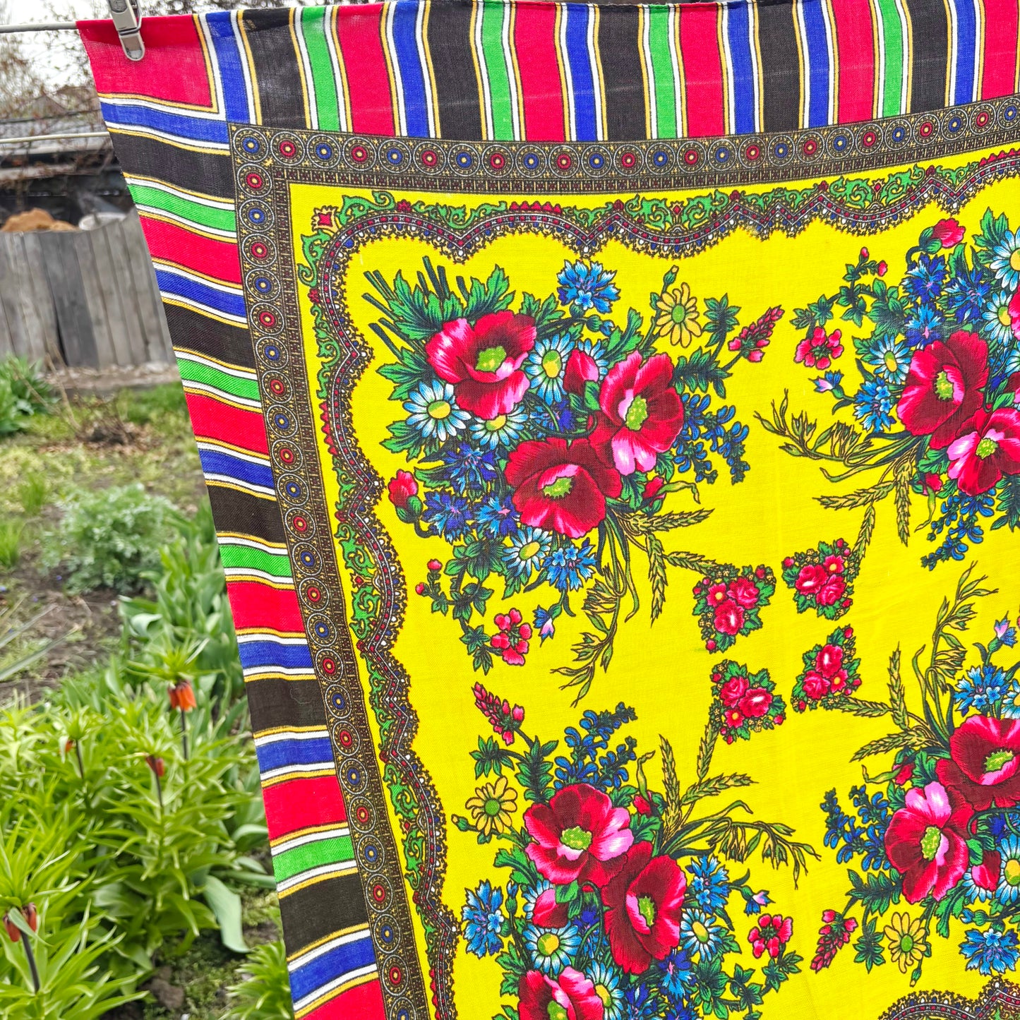Vintage Floral Wool Blend Scarf Bright Yellow Babushka Shawl 29x29 in Retro Headscarf Boho Folk Square Wrap - 1980s