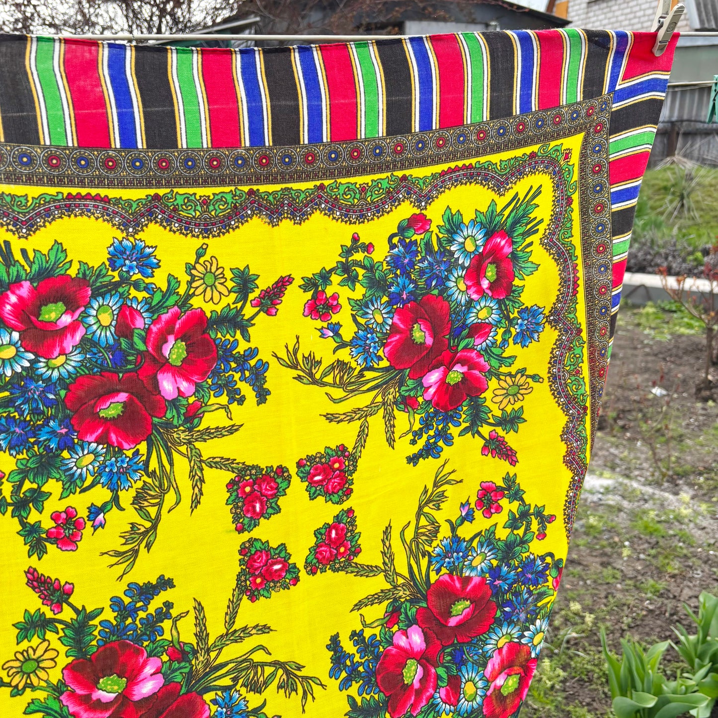 Vintage Floral Wool Blend Scarf Bright Yellow Babushka Shawl 29x29 in Retro Headscarf Boho Folk Square Wrap - 1980s