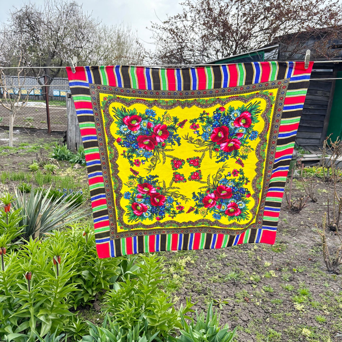 Vintage Floral Wool Blend Scarf Bright Yellow Babushka Shawl 29x29 in Retro Headscarf Boho Folk Square Wrap - 1980s