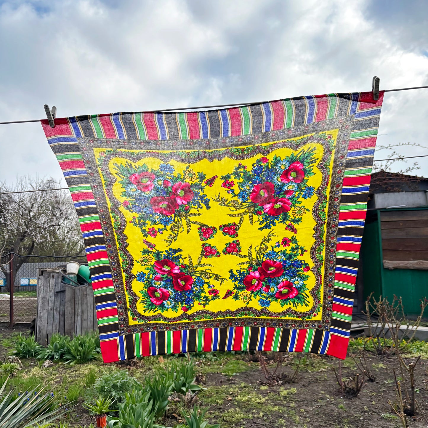 Vintage Floral Wool Blend Scarf Bright Yellow Babushka Shawl 29x29 in Retro Headscarf Boho Folk Square Wrap - 1980s