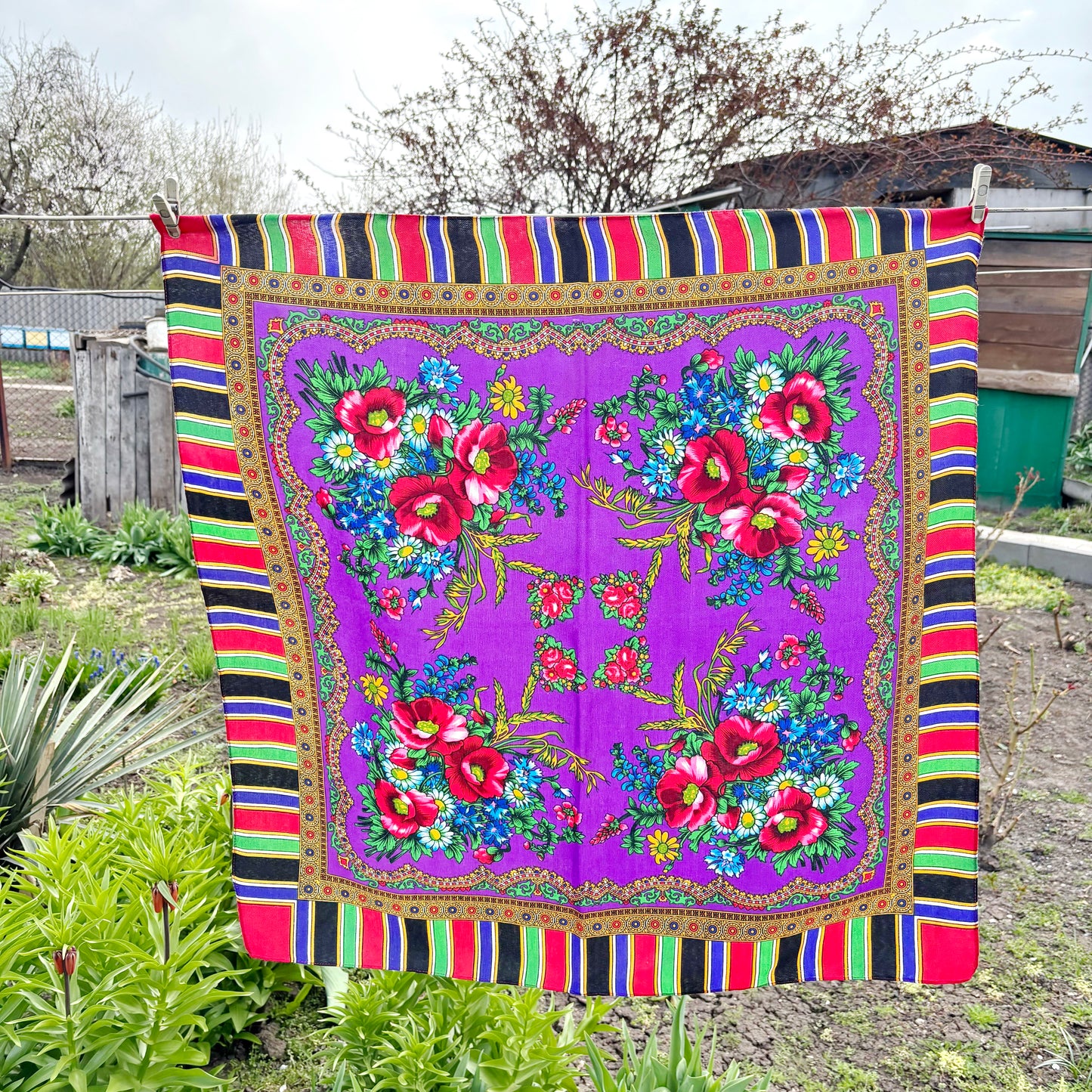 Vintage Floral Scarf Purple Headscarf Retro Babushka Shawl 29.5 inch Square Bright Folk Style Wrap Statement Scarf