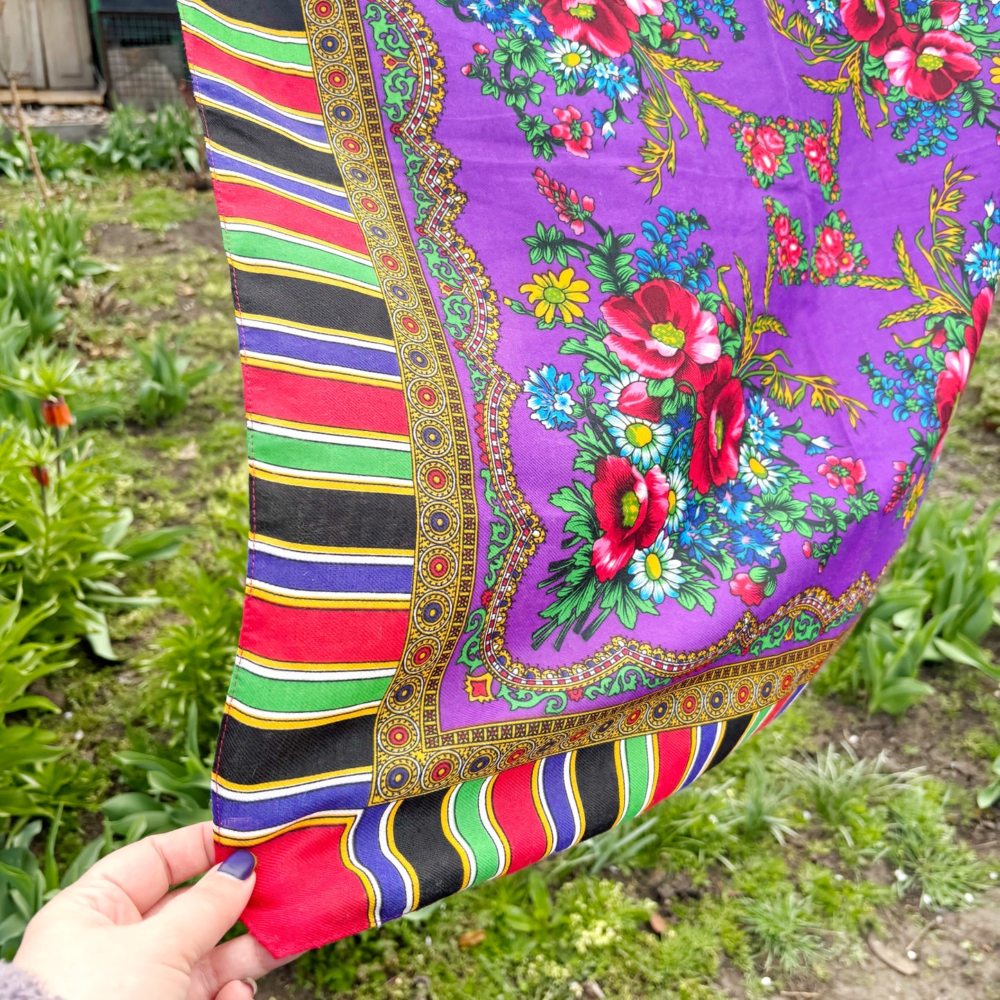Vintage Floral Scarf Purple Headscarf Retro Babushka Shawl 29.5 inch Square Bright Folk Style Wrap Statement Scarf