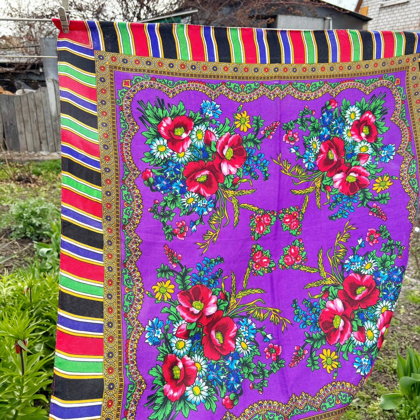 Vintage Floral Scarf Purple Headscarf Retro Babushka Shawl 29.5 inch Square Bright Folk Style Wrap Statement Scarf