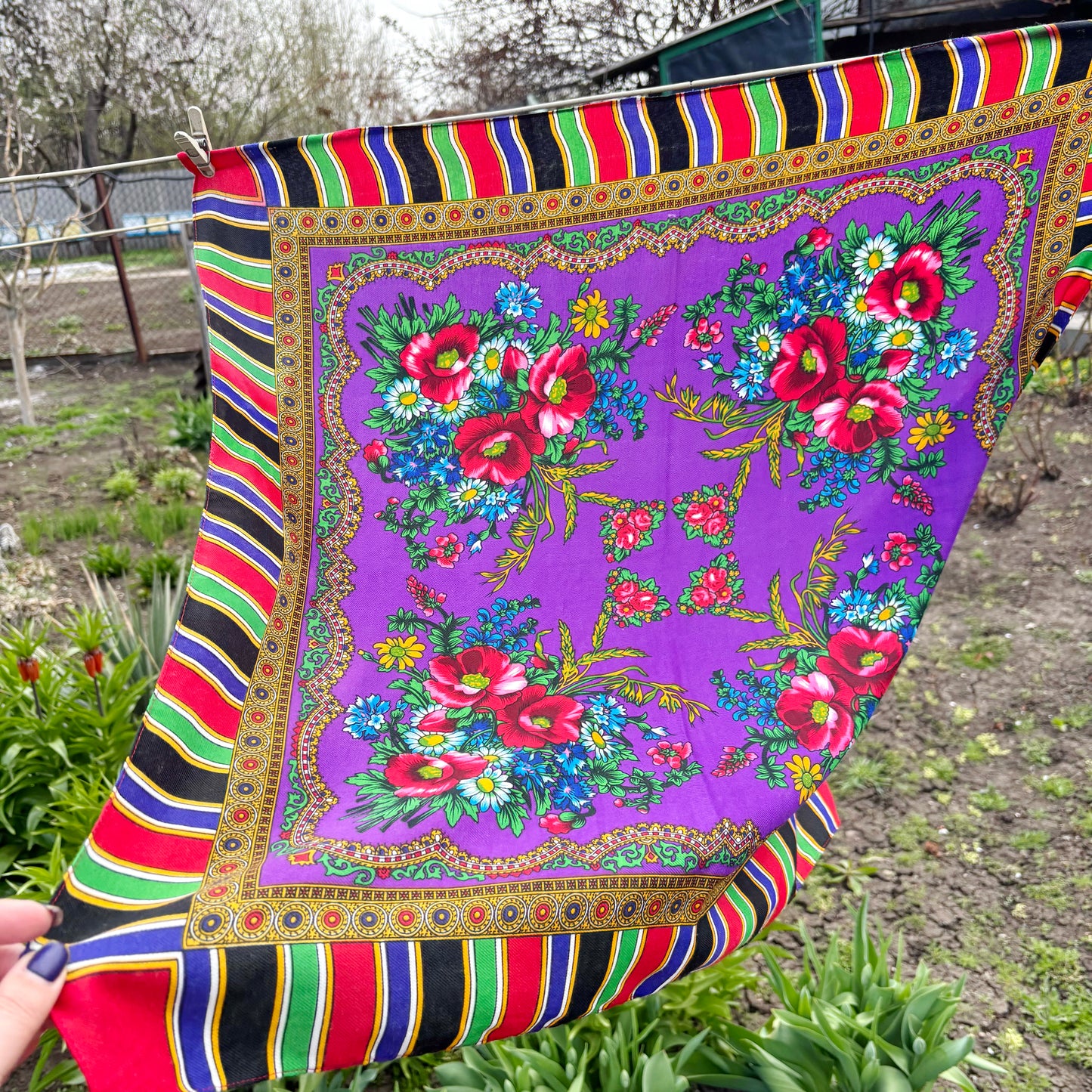 Vintage Floral Scarf Purple Headscarf Retro Babushka Shawl 29.5 inch Square Bright Folk Style Wrap Statement Scarf