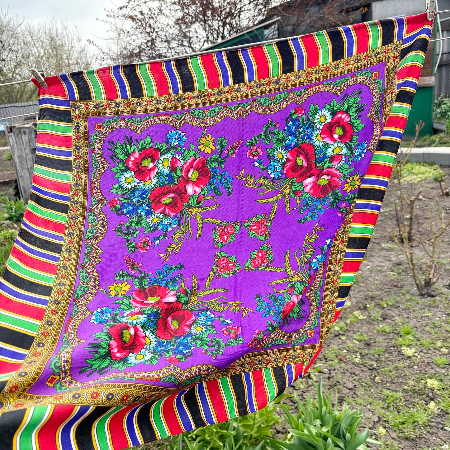 Vintage Floral Scarf Purple Headscarf Retro Babushka Shawl 29.5 inch Square Bright Folk Style Wrap Statement Scarf