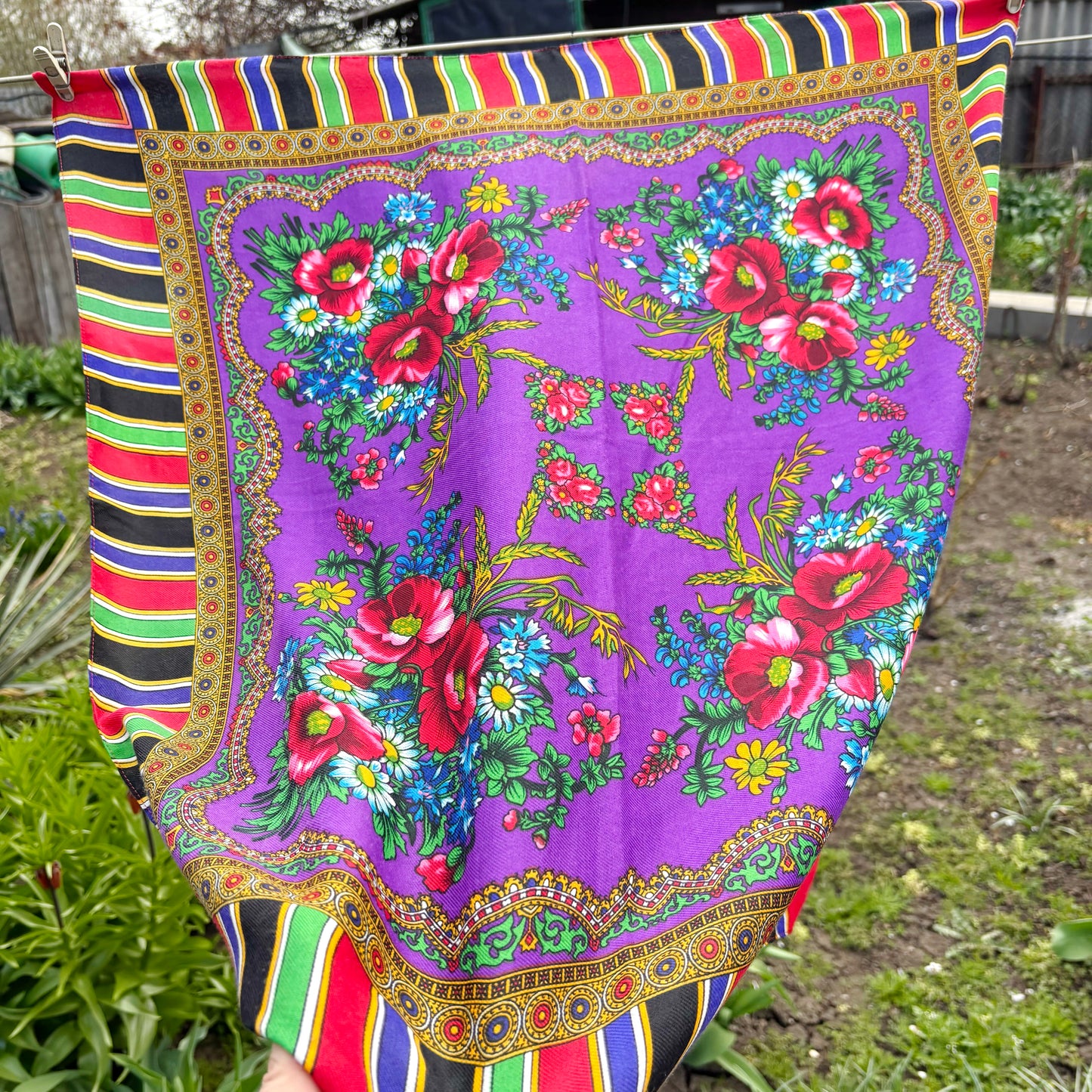 Vintage Floral Scarf Purple Headscarf Retro Babushka Shawl 29.5 inch Square Bright Folk Style Wrap Statement Scarf