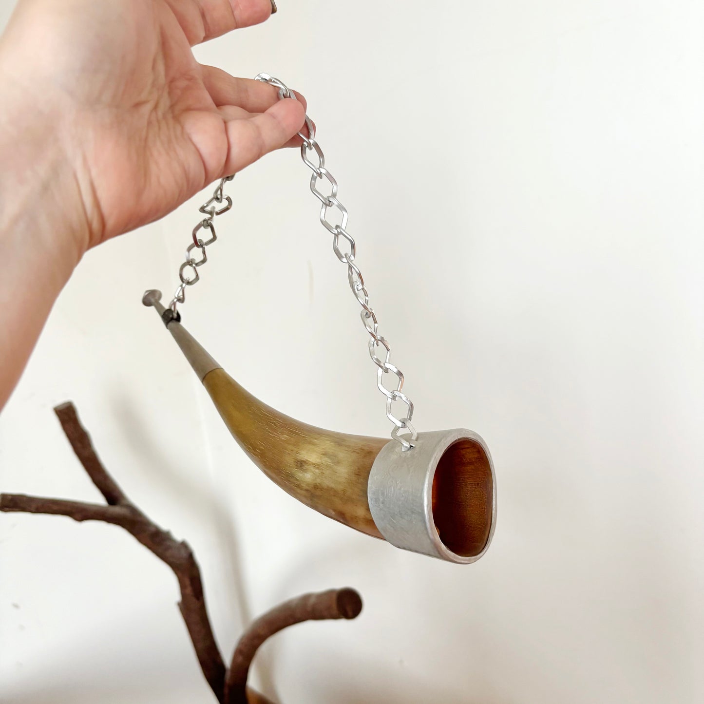 Vintage Cow Horn Decor 10.2 inches on Chain Metal Mount Rustic Wall Hanging Soviet Era Folk Art Hunting Style Display Piece
