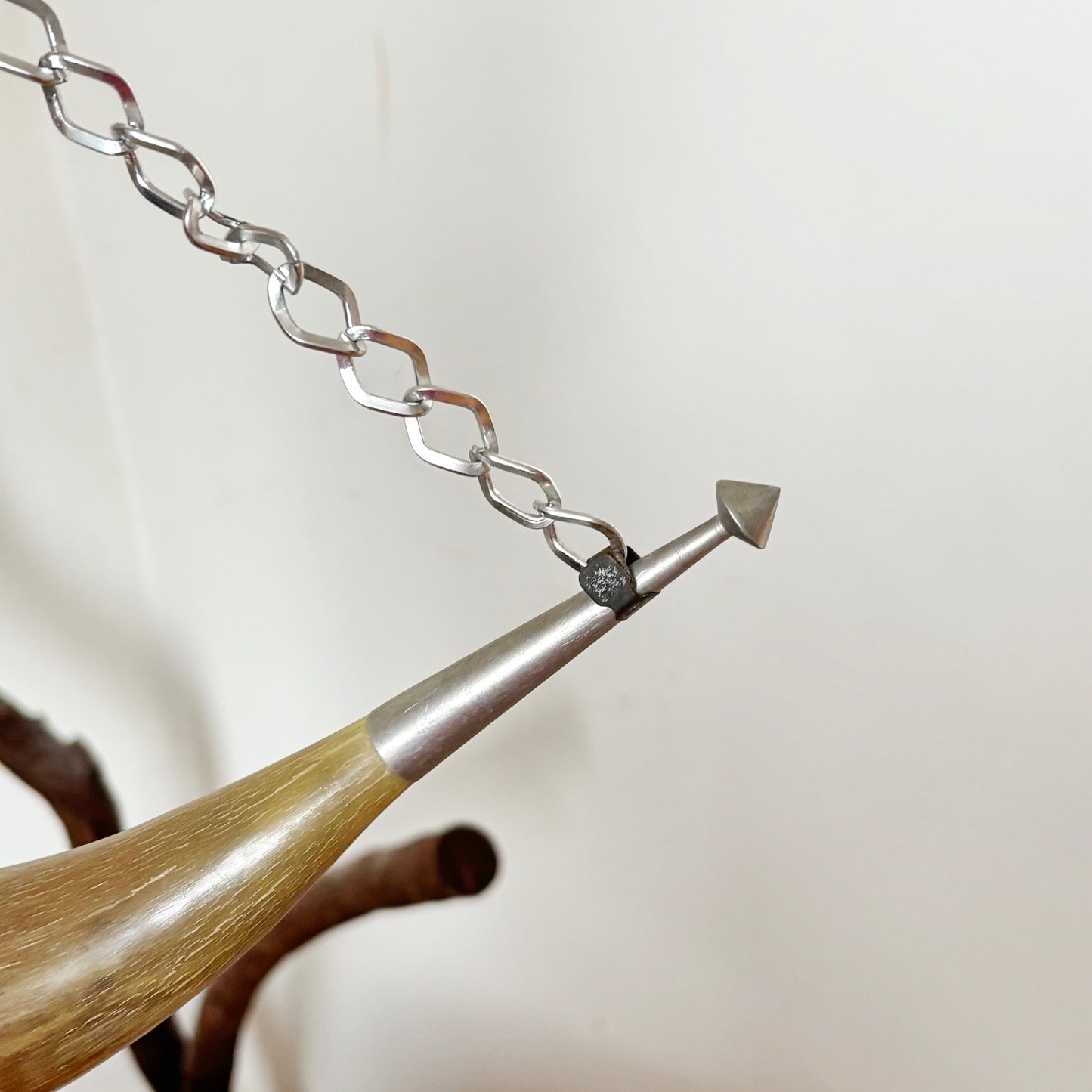 Vintage Cow Horn Decor 10.2 inches on Chain Metal Mount Rustic Wall Hanging Soviet Era Folk Art Hunting Style Display Piece