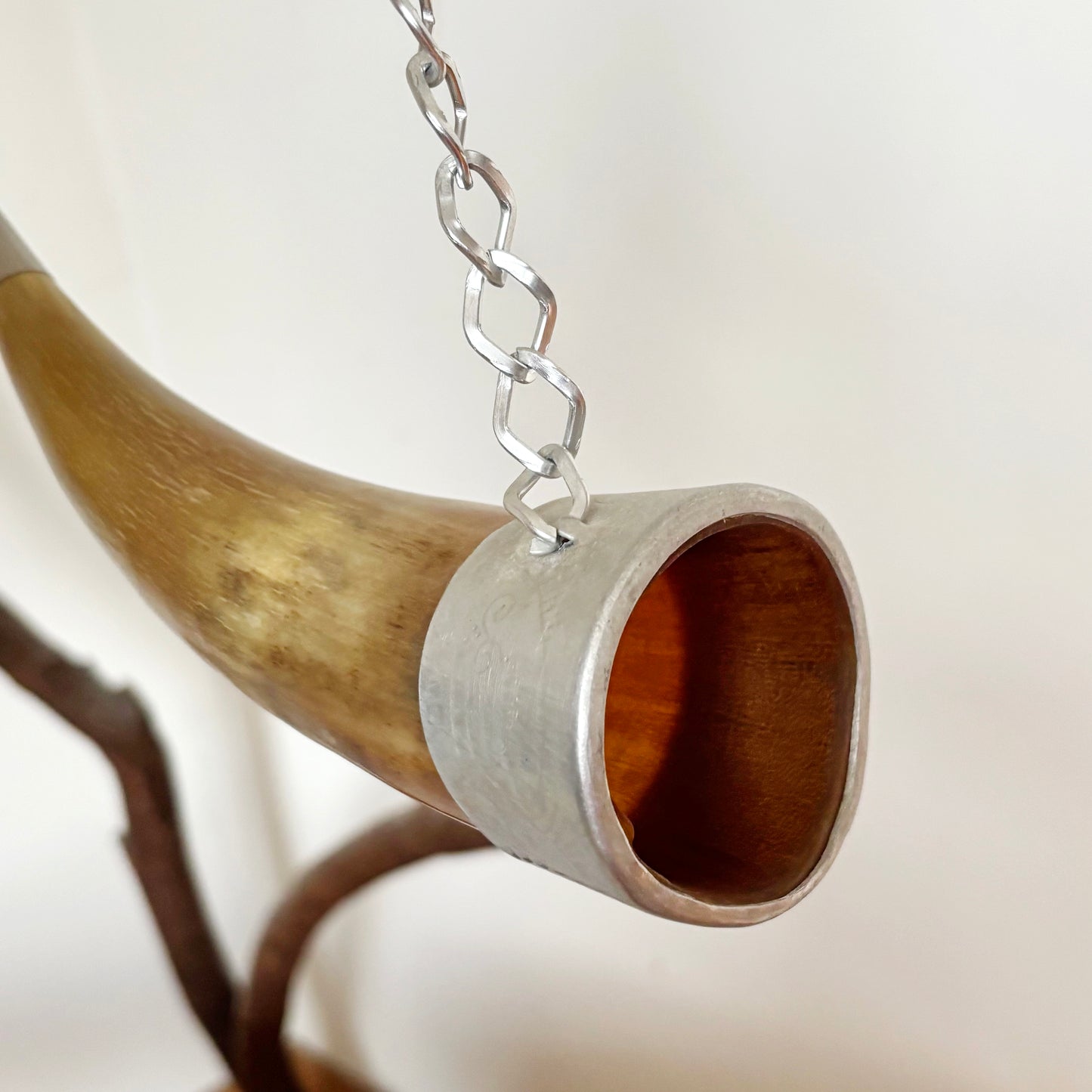 Vintage Cow Horn Decor 10.2 inches on Chain Metal Mount Rustic Wall Hanging Soviet Era Folk Art Hunting Style Display Piece