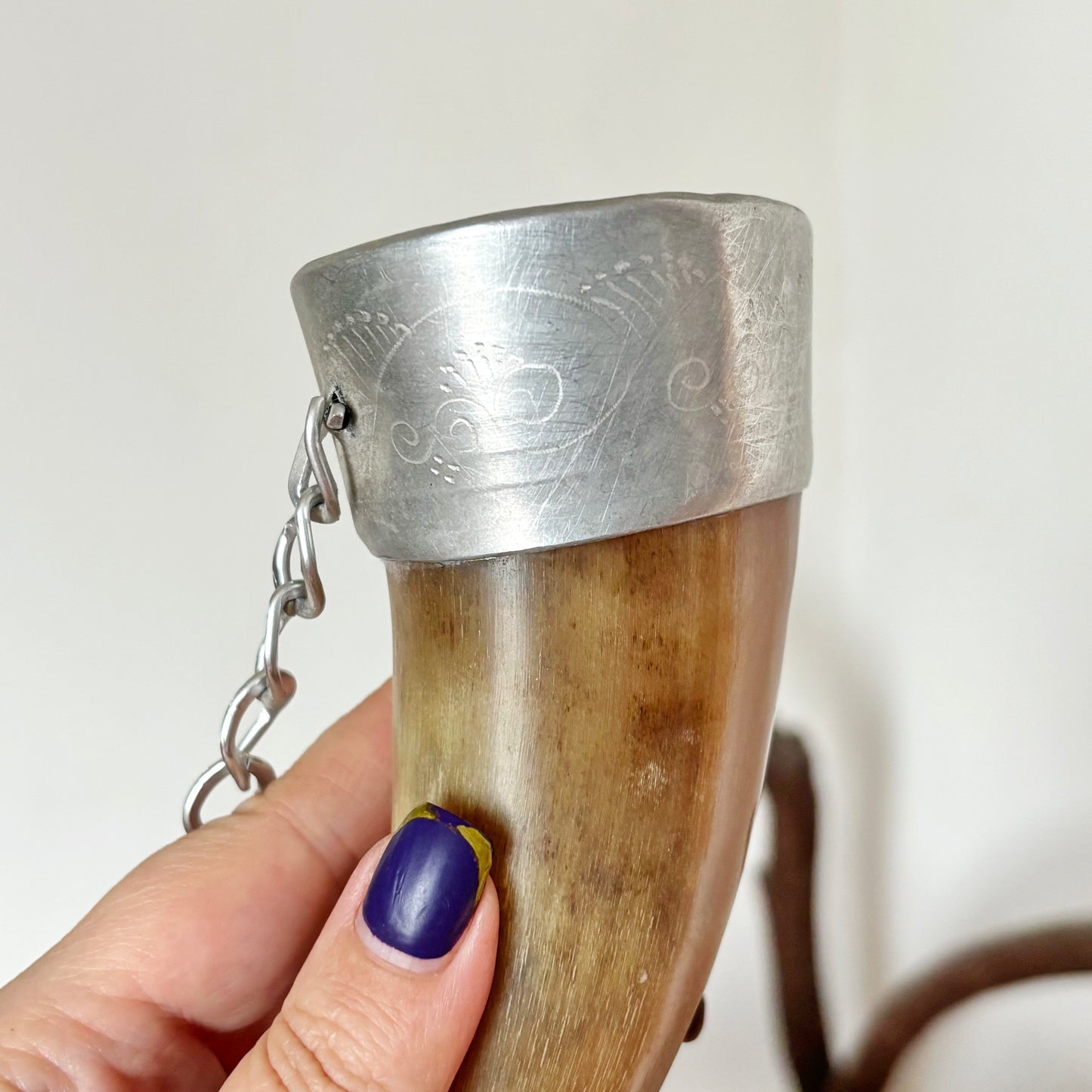 Vintage Cow Horn Decor 10.2 inches on Chain Metal Mount Rustic Wall Hanging Soviet Era Folk Art Hunting Style Display Piece