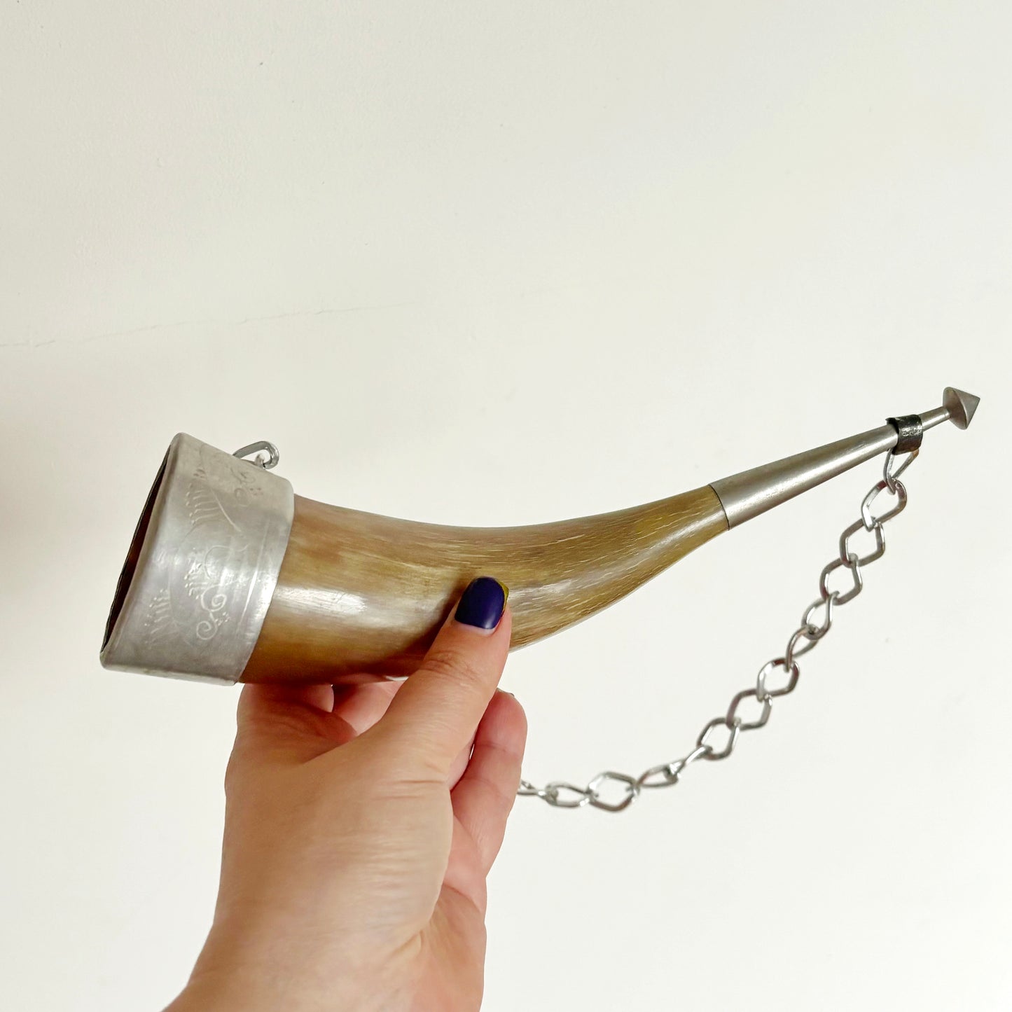 Vintage Cow Horn Decor 10.2 inches on Chain Metal Mount Rustic Wall Hanging Soviet Era Folk Art Hunting Style Display Piece