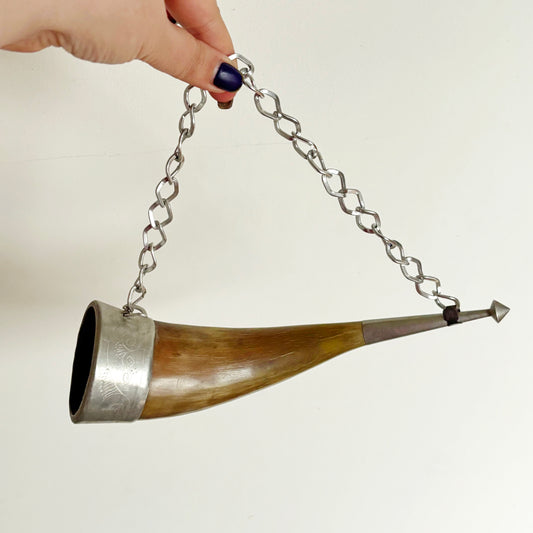 Vintage Cow Horn Decor 10.2 inches on Chain Metal Mount Rustic Wall Hanging Soviet Era Folk Art Hunting Style Display Piece