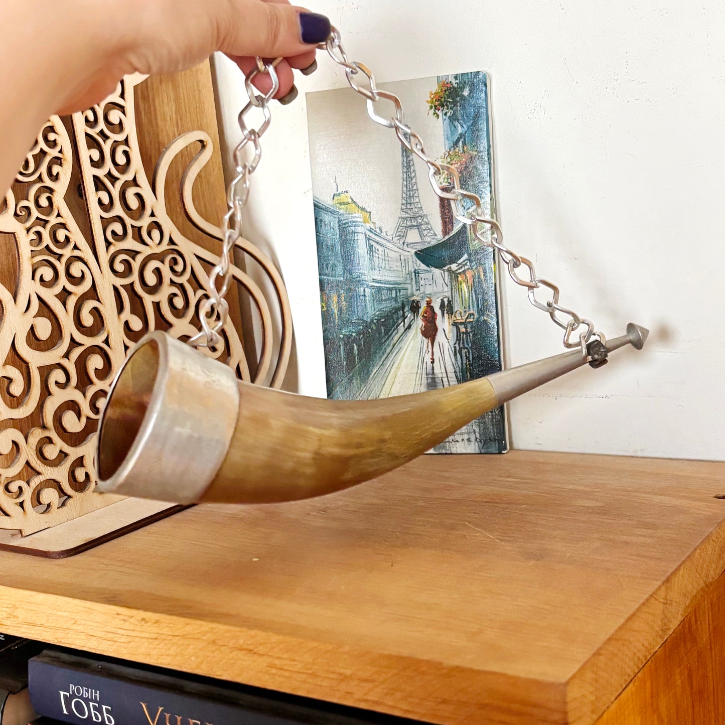 Vintage Cow Horn Decor 10.2 inches on Chain Metal Mount Rustic Wall Hanging Soviet Era Folk Art Hunting Style Display Piece