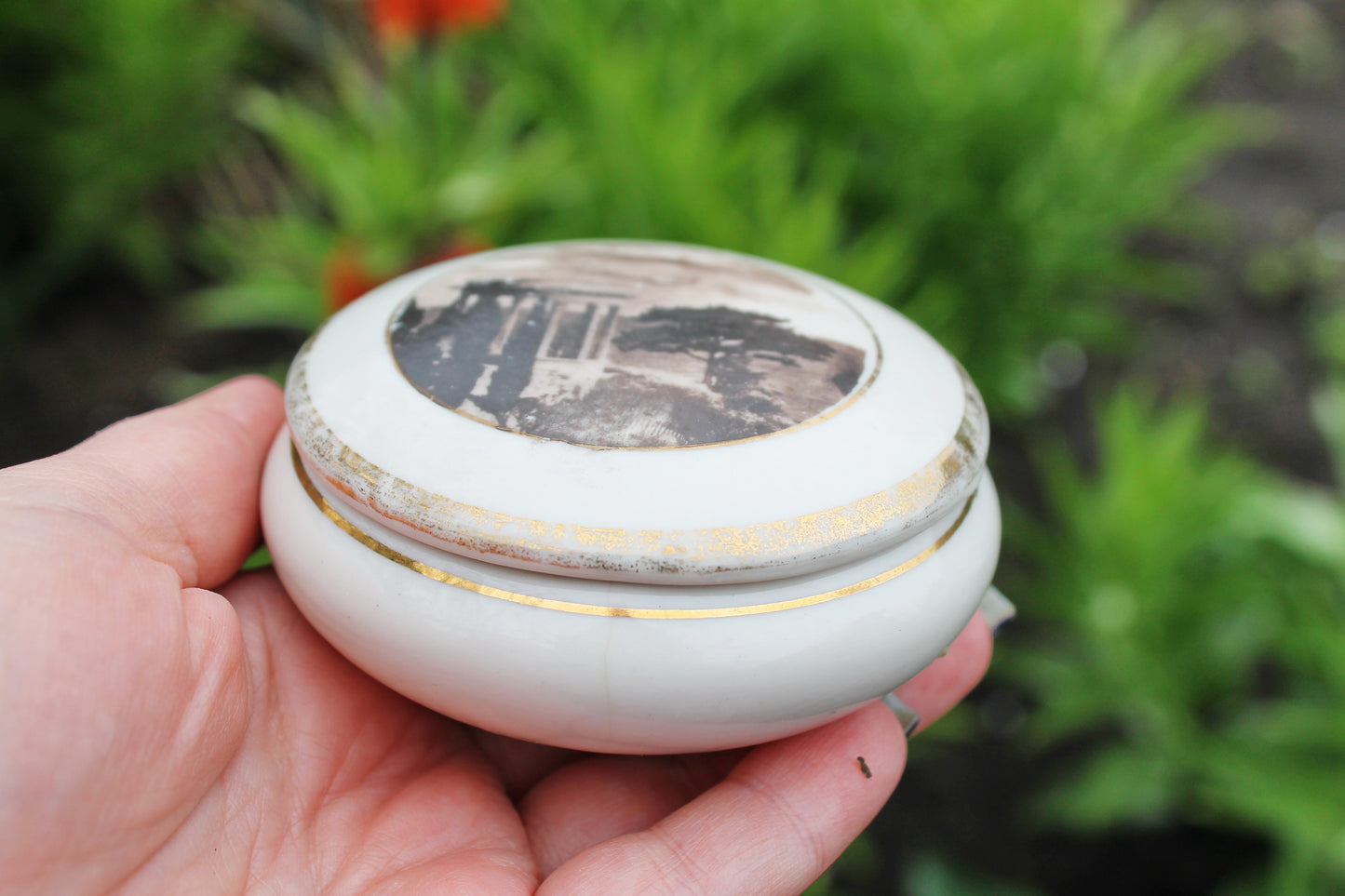 Porcelain round jewelry box - Porcelain box decorated by rotunda and some southern tree - 1970s - from USSR Ukraine