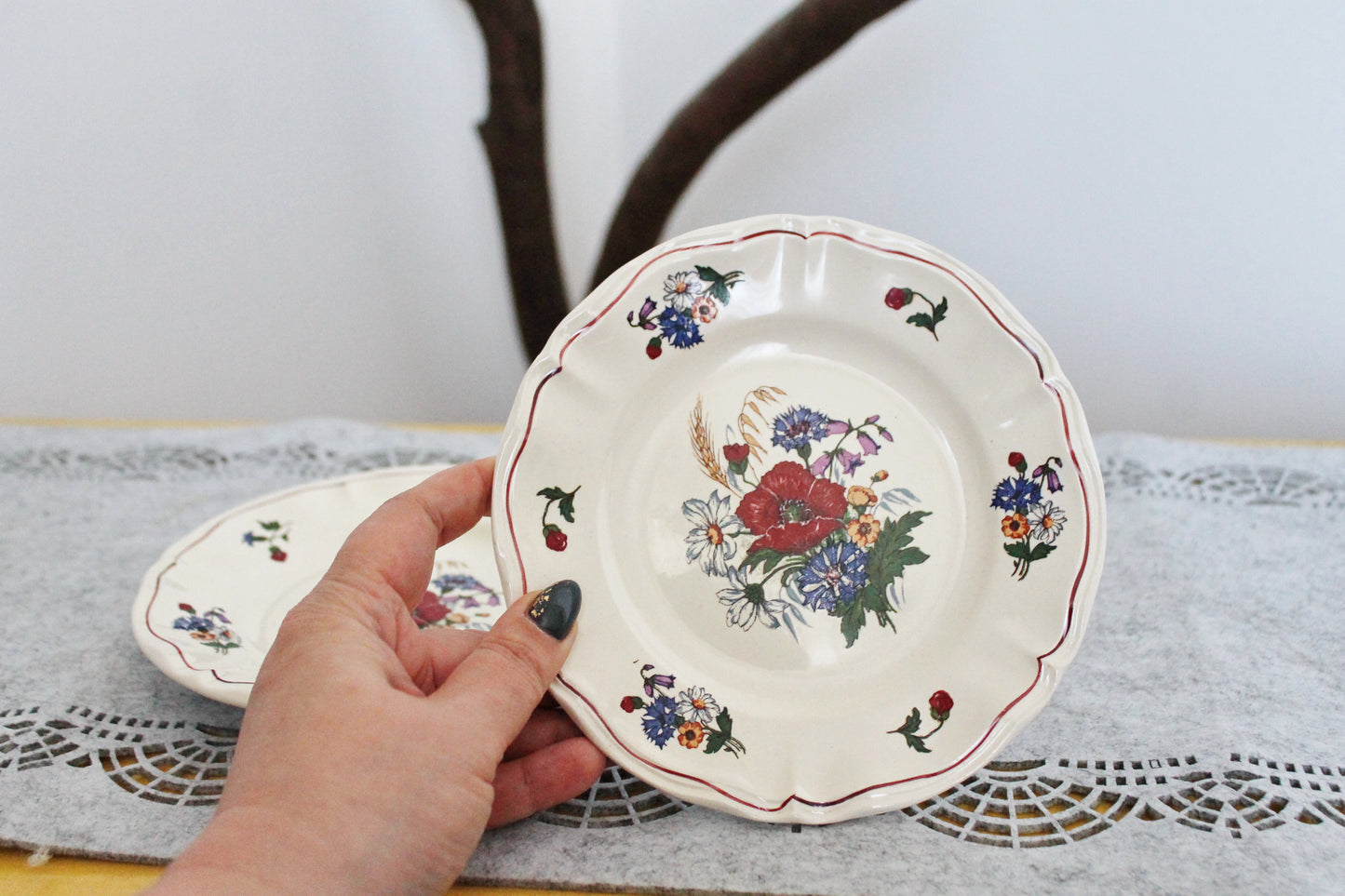 Beautiful vintage ceramic two plates with flowers - French Antique EARTHWARE Plate - Made by Sarreguemines DIGION in "Agreste" Motif - 1920s