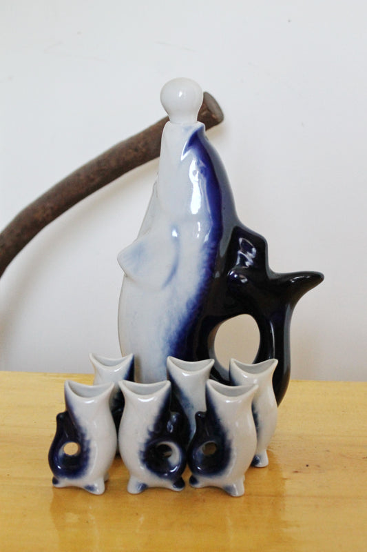 Vintage Ceramic Blue Fish Drinking Set - The family of carp - 1960-70s - from Ukraine / Soviet Union / USSR