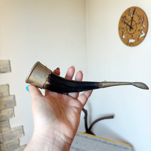 Vintage Small Horn With Metal Fittings Rustic Decor Ethnic Style Powder Horn Display Folk Art Collectible