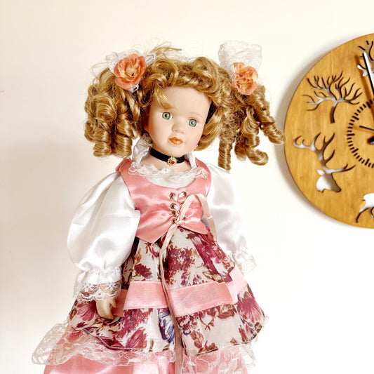 Vintage Porcelain Doll European Style Romantic Pink Dress Curly Hair Collectible Display Doll Decorative Art Piece