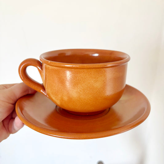 Vintage Brown Ceramic Cup and Saucer Set Minimalist Coffee Tea Set Retro Stoneware Mug Cozy Kitchen Decor