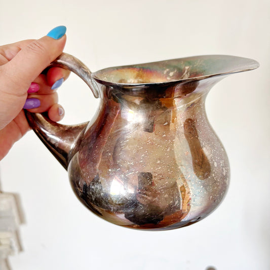 Vintage Silver Plated Pitcher Mid Century Metal Jug Decorative Ewer Rustic Farmhouse Decor Germany Patina