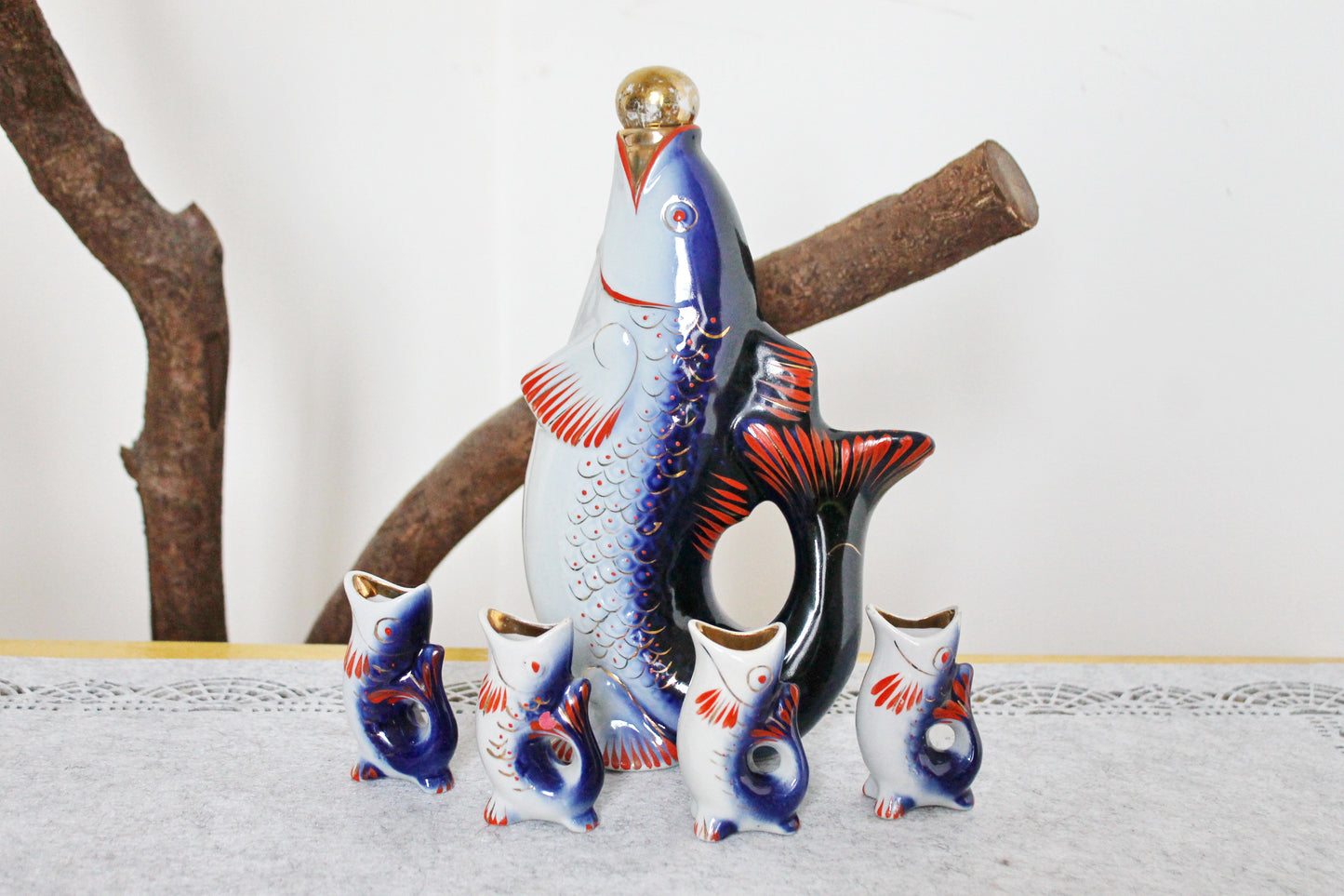 Vintage Ceramic Fish Drinking Set - The family of carp - Blue and Red - 1970s - from Ukraine / Soviet Union / USSR