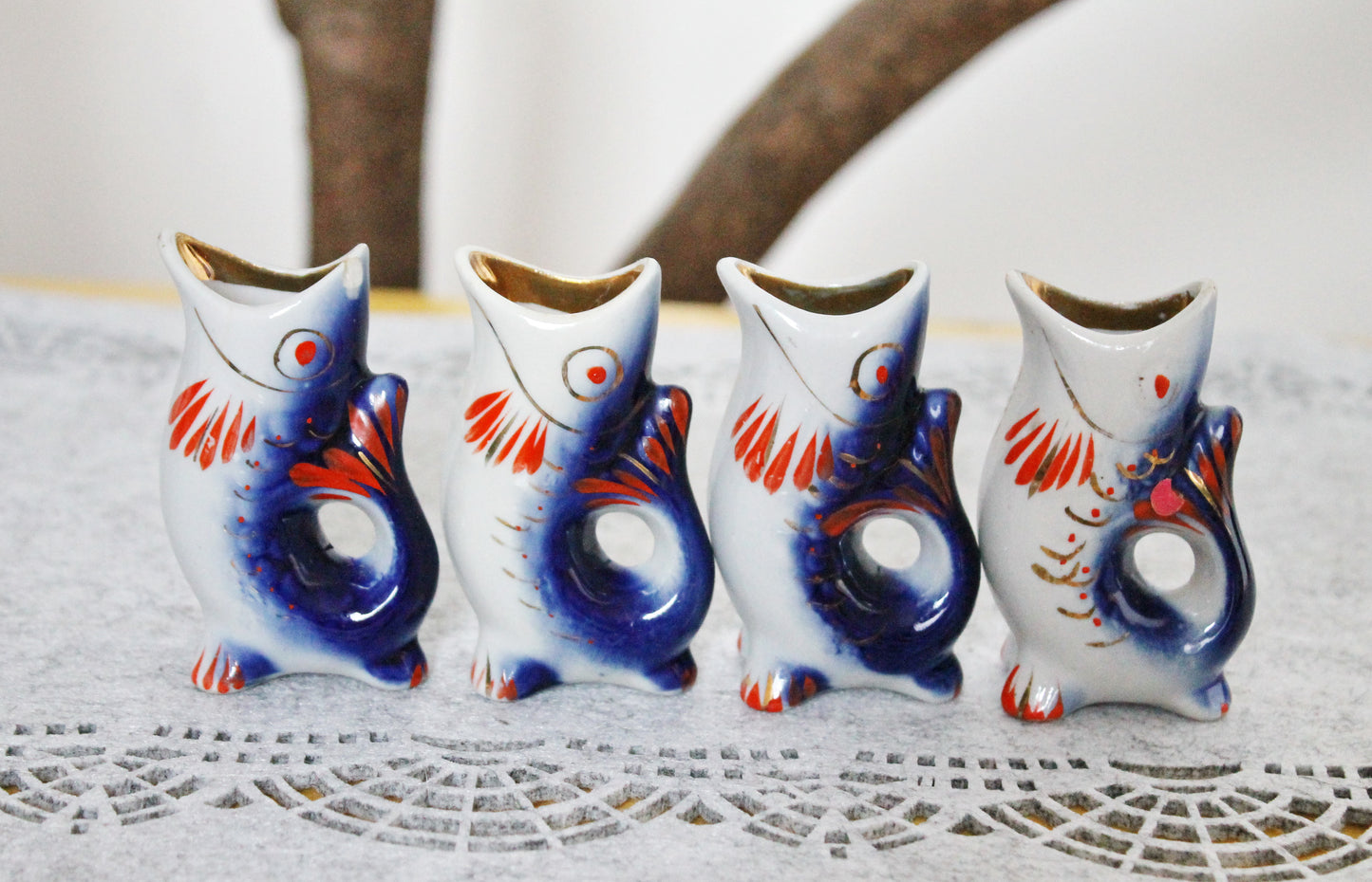 Vintage Ceramic Fish Drinking Set - The family of carp - Blue and Red - 1970s - from Ukraine / Soviet Union / USSR