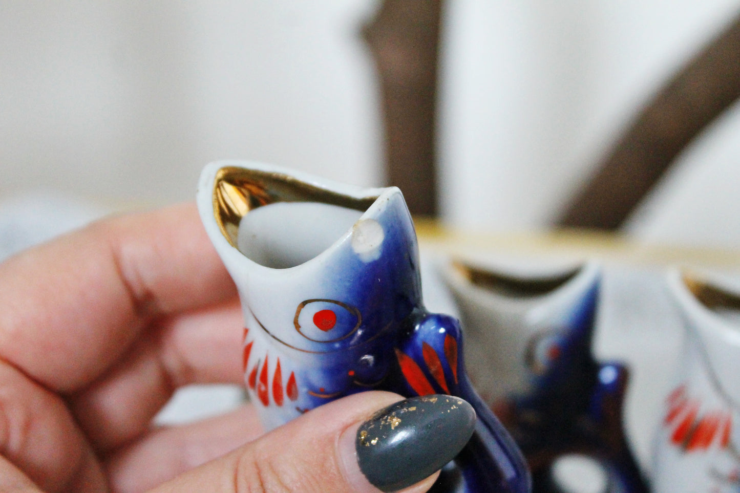 Vintage Ceramic Fish Drinking Set - The family of carp - Blue and Red - 1970s - from Ukraine / Soviet Union / USSR