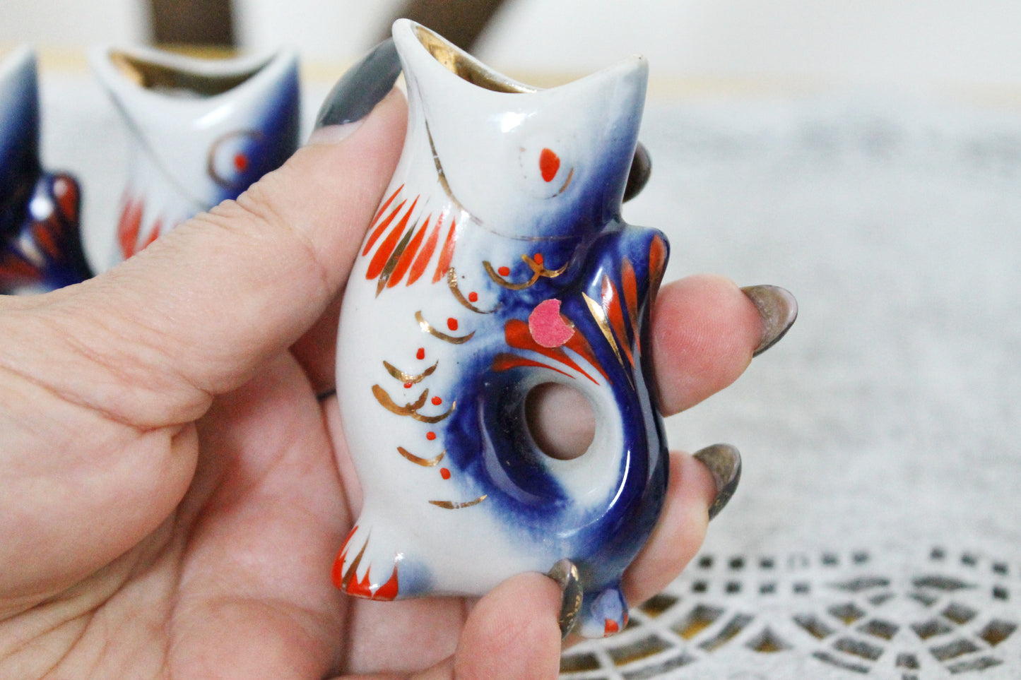 Vintage Ceramic Fish Drinking Set - The family of carp - Blue and Red - 1970s - from Ukraine / Soviet Union / USSR