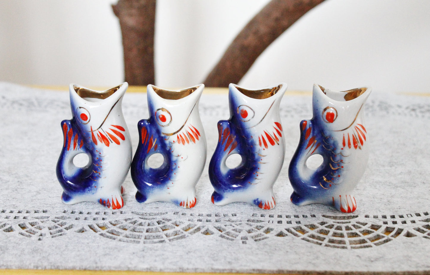 Vintage Ceramic Fish Drinking Set - The family of carp - Blue and Red - 1970s - from Ukraine / Soviet Union / USSR