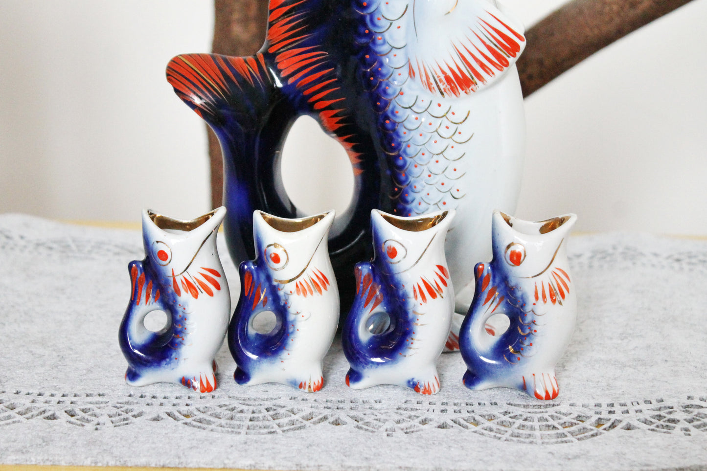 Vintage Ceramic Fish Drinking Set - The family of carp - Blue and Red - 1970s - from Ukraine / Soviet Union / USSR