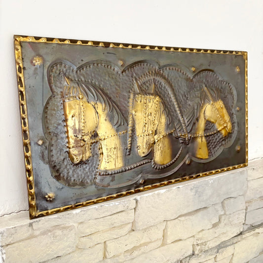 Vintage Metal Wall Art Horses Relief Panel 1970s Soviet Decor Rustic Equestrian Wall Hanging Hammered Brass Style