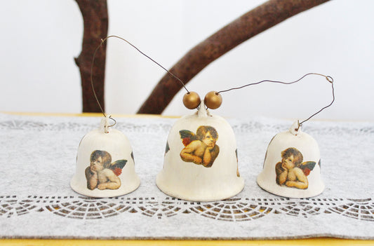 Set of three vintage beautiful ceramic Bells with angels on the cord - Vintage Souvenir Gift - Germany porcelain - Christmas decor