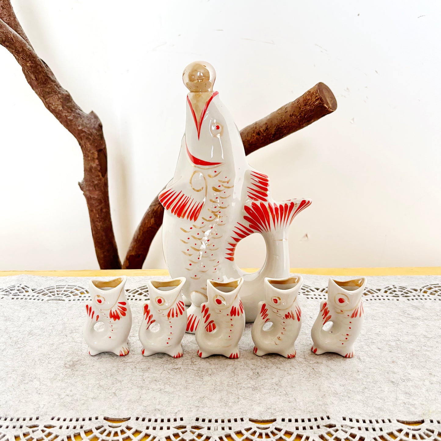 Vintage Fish Decanter Set Soviet Carp Family Baramidze Ceramic Liquor Set 5 Cups USSR Mid Century Kitsch Barware Gift - 008