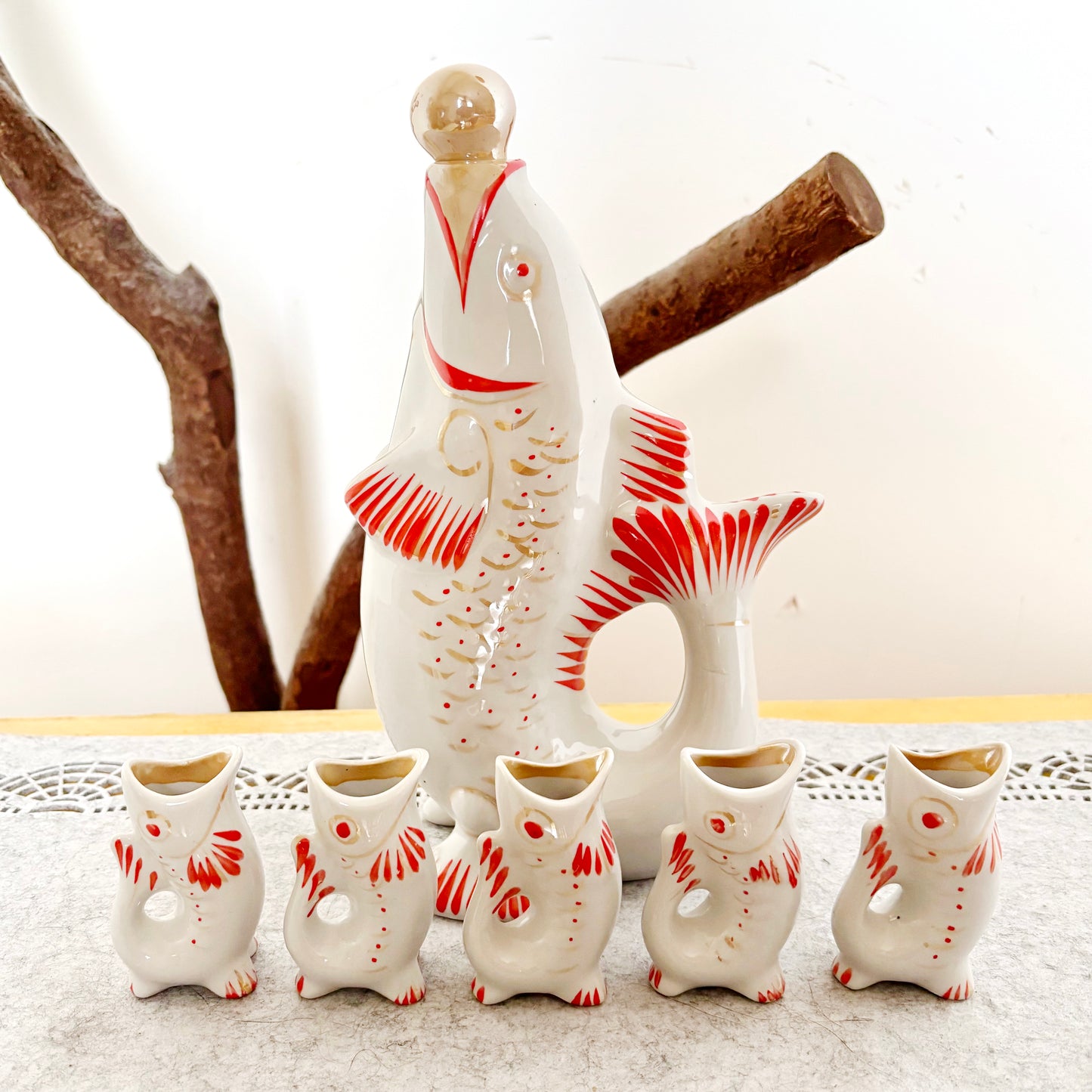 Vintage Fish Decanter Set Soviet Carp Family Baramidze Ceramic Liquor Set 5 Cups USSR Mid Century Kitsch Barware Gift - 008