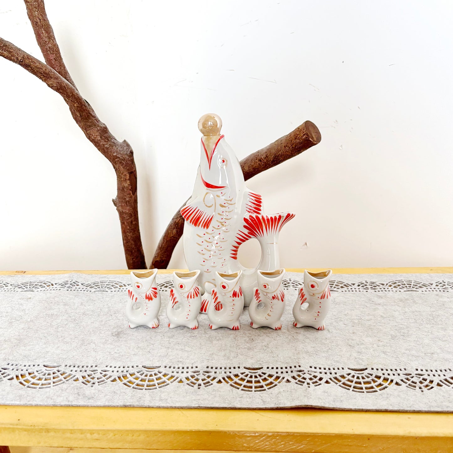 Vintage Fish Decanter Set Soviet Carp Family Baramidze Ceramic Liquor Set 5 Cups USSR Mid Century Kitsch Barware Gift - 008