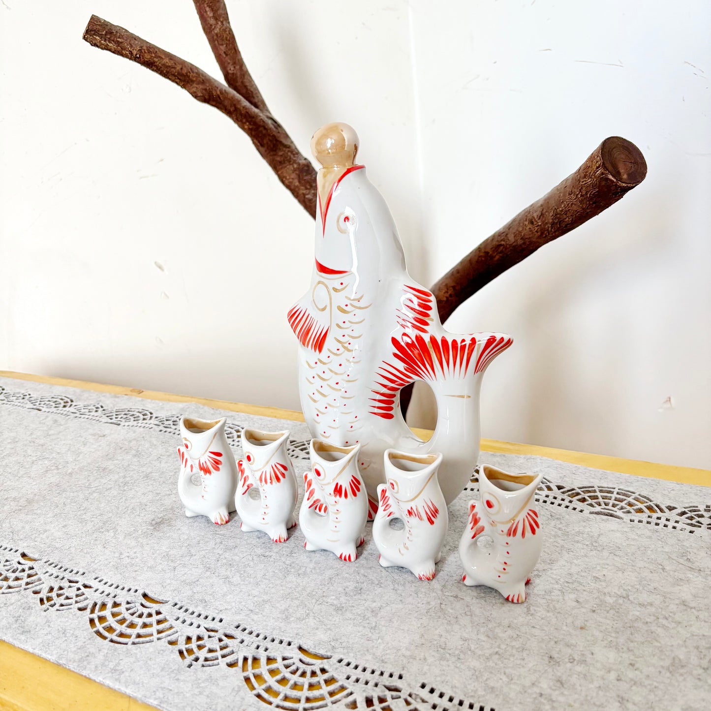 Vintage Fish Decanter Set Soviet Carp Family Baramidze Ceramic Liquor Set 5 Cups USSR Mid Century Kitsch Barware Gift - 008