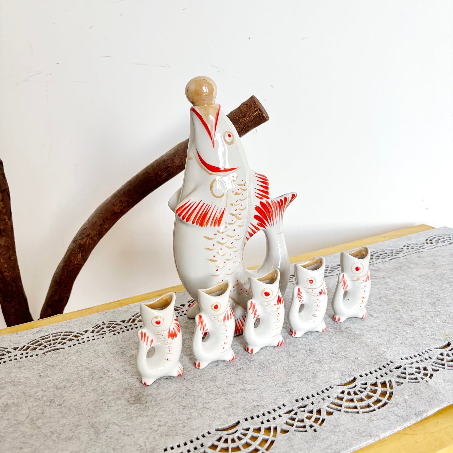 Vintage Fish Decanter Set Soviet Carp Family Baramidze Ceramic Liquor Set 5 Cups USSR Mid Century Kitsch Barware Gift - 008