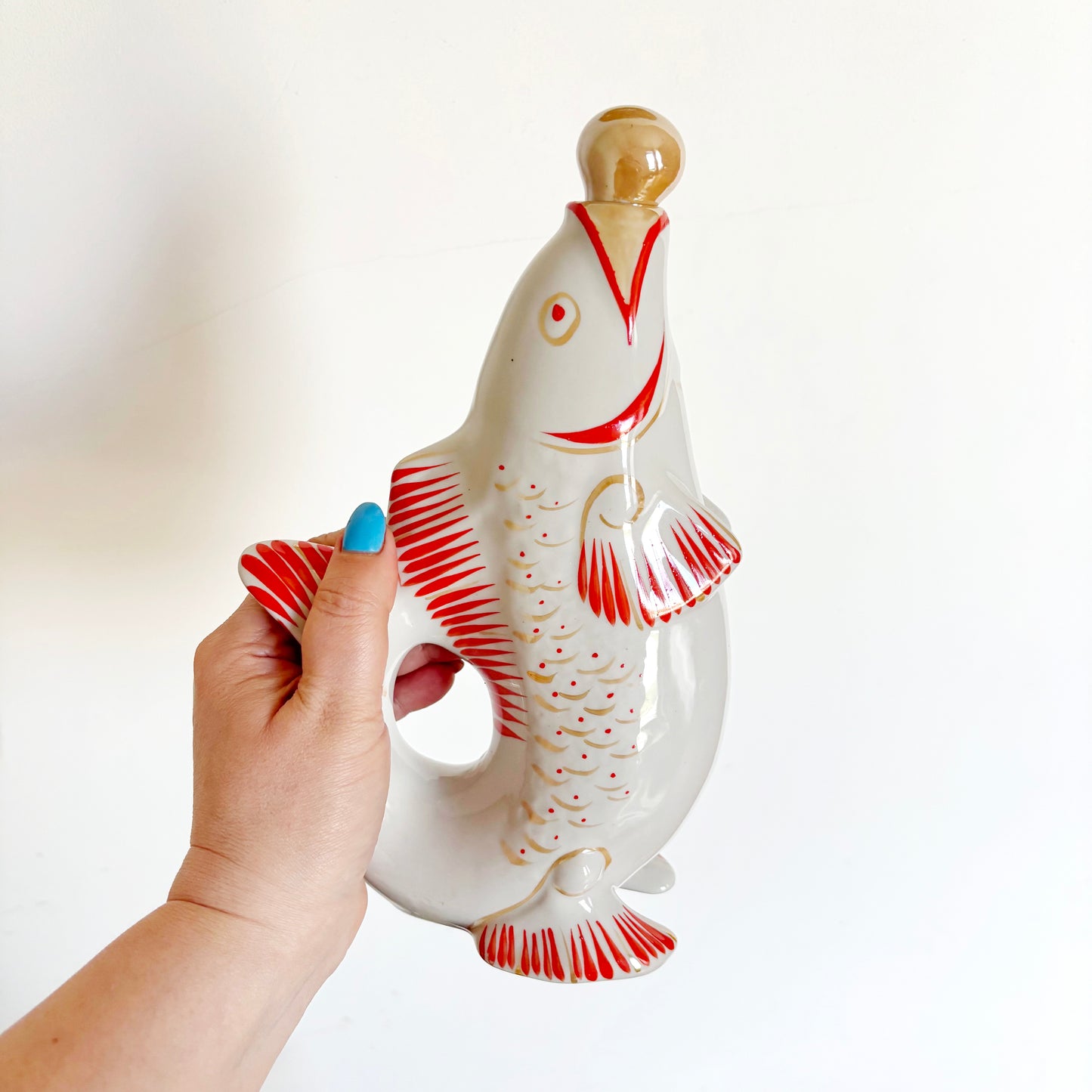 Vintage Fish Decanter Set Soviet Carp Family Baramidze Ceramic Liquor Set 5 Cups USSR Mid Century Kitsch Barware Gift - 008