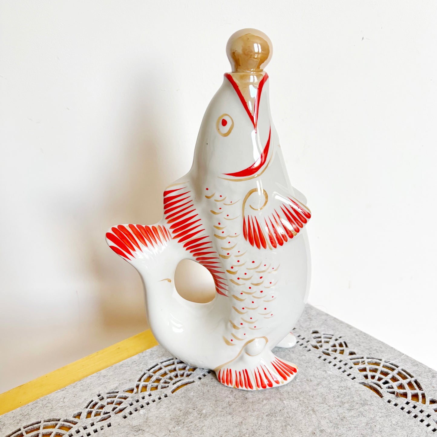 Vintage Fish Decanter Set Soviet Carp Family Baramidze Ceramic Liquor Set 5 Cups USSR Mid Century Kitsch Barware Gift - 008
