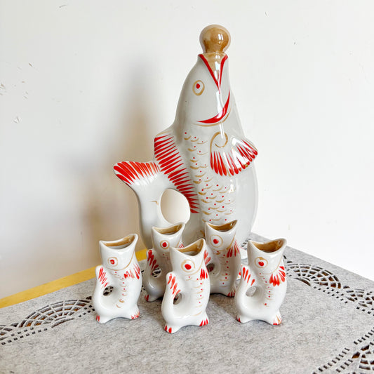 Vintage Fish Decanter Set Soviet Carp Family Baramidze Ceramic Liquor Set 5 Cups USSR Mid Century Kitsch Barware Gift - 008